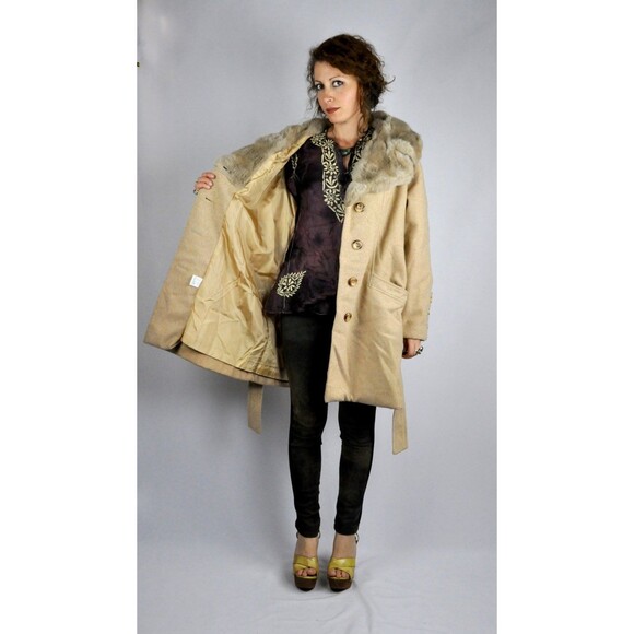 Faux Fur 60s Coat - Brown Jacket Large COLLAR Trench Coat - Belted Pockets S - M - Picture 4 of 5